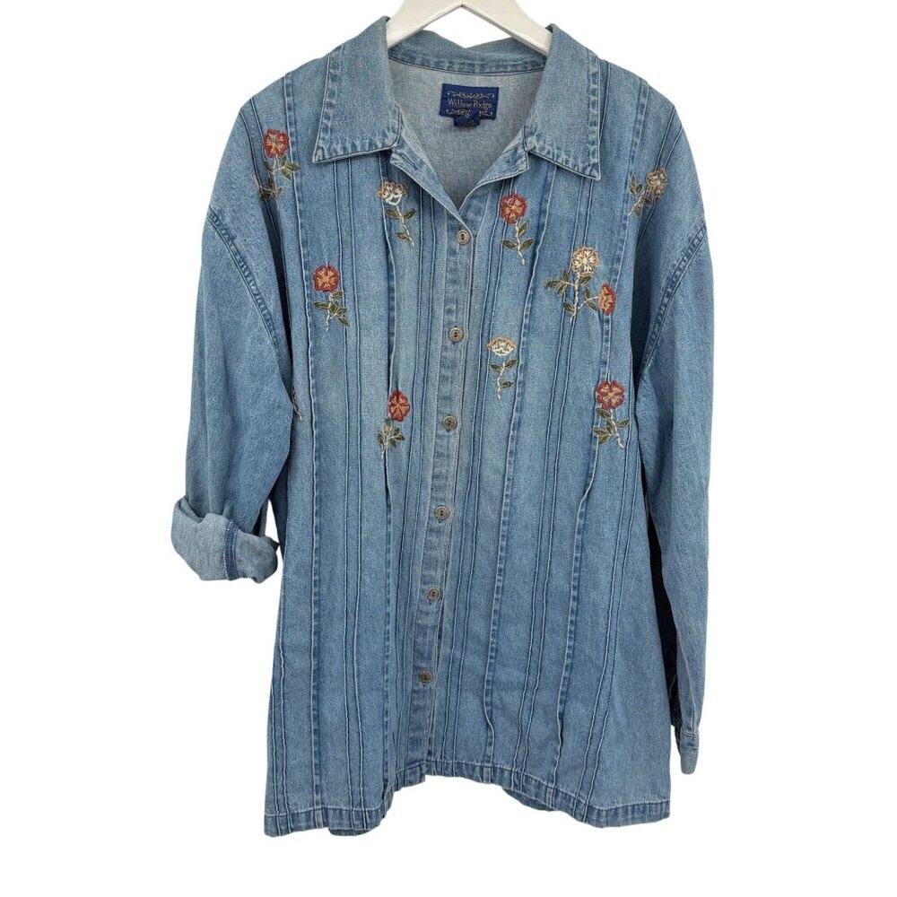 VTG Willow Ridge chambray button front shirt size 1X floral embroidery boho hipp